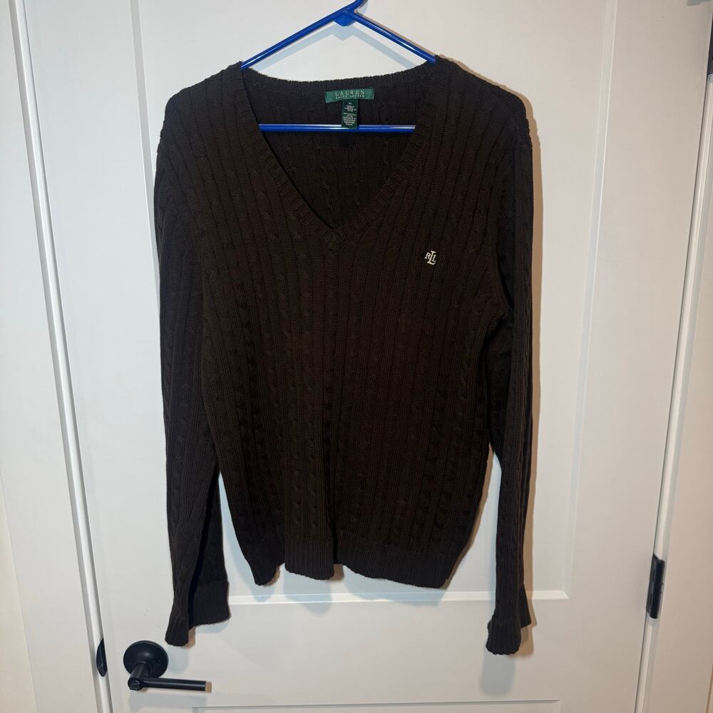 Vintage Lauren Ralph Lauren Cable knit V Neck Preppy Cotton Sweater. Casual XL